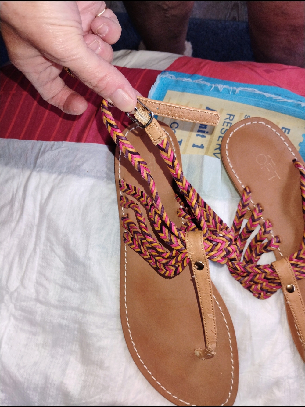 LOFT Tan Braided Sandals with Pink and Purple Trim. Fit Like A Size 10.